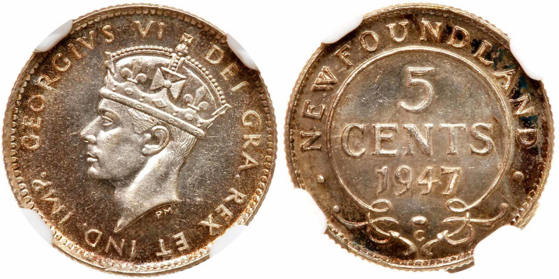Canadian Provinces: Newfoundland. 5 Cents, 1947-C. KM-19a. George VI. Lovely ton...