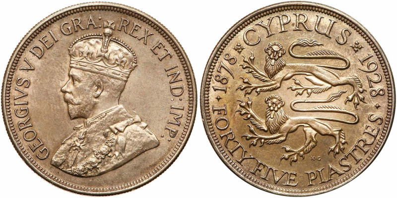 Cyprus. 5 Piastres, 1928. Dav-242; KM-19. George V. Crowned bust left. Reverse; ...