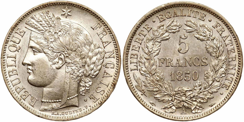 France. 5 Francs, 1850-A (Paris). Dav-93; KM-761.1. Ceres head. Lustrous. About ...