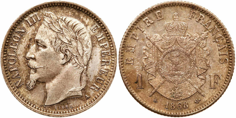 France. Franc, 1868-A. KM-806.1. Napoleon III. Toned. Choice Uncirculated. Estim...