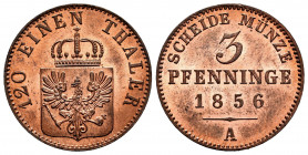 Germany. Prussia. Friedrich Wilhelm IV. 3 pfennig. 1856. Berlin. A. (Km-453). Ae. 4,50 g. Original luster. Mint state. Est...25,00. 

Spanish descri...