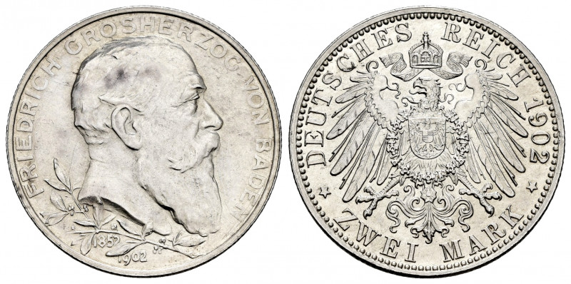 Germany. Baden. Friedrich August I. 2 mark. 1902. (Km-271). Ag. 11,11 g. 50th ye...