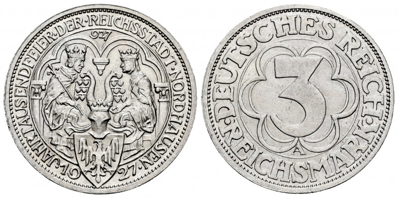 Germany. 3 reichsmark. 1927. A. (Km-52). Ag. 15,01 g. Choice VF. Est...100,00. ...