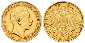Germany. Prussia. Wilhelm II. 10 marks. 1890. Berlin. A. (Km-521). (Fr-3831). Au. 3,94 g. Choice VF/Almost XF. Est...200,00. 

Spanish description: ...