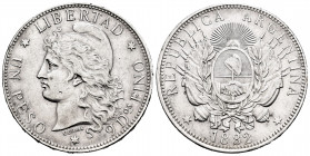 Argentina. 1 peso. 1882. (Km-29). Ag. 24,98 g. Minor nicks on edge. Scarce. Choice VF. Est...300,00. 

Spanish description: Argentina. 1 peso. 1882....