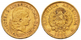Argentina. 5 pesos (argentino). 1885. (Km-31). (Fr-14). Au. 8,04 g. Minor nick on edge. Choice VF. Est...420,00. 

Spanish description: Argentina. 5...