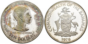 Bahamas. Elizabeth II. 10 dollars. 1978. (Km-78.2). Ag. 45,26 g. 5th Anniversary of the Independence. PR. Est...45,00. 

Spanish description: Bahama...