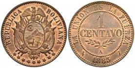 Bolivia. 1 centavo. 1883. Paris. A. (Km-16). Ae. 4,99 g. AU. Est...40,00. 

Spanish description: Bolivia. 1 centavo. 1883. París. A. (Km-16). Ae. 4,...