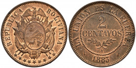 Bolivia. 2 centavos. 1883. Paris. A. (Km-168). Ae. 10,18 g. AU. Est...60,00. 

Spanish description: Bolivia. 2 centavos. 1883. París. A. (Km-168). A...