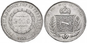 Brazil. Pedro II. 2000 reis. 1855. (Km-466). Ag. 25,41 g. Minor marks on obverse. Almost VF/VF. Est...50,00. 

Spanish description: Brasil. Pedro II...