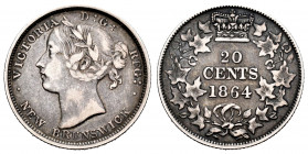 Canada. Victoria Queen. 20 cents. 1864. New Brunswick. (Km-9). Ag. 4,55 g. VF. Est...150,00. 

Spanish description: Canadá. Victoria. 20 cents. 1864...