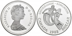 Canada. Elizabeth II. 1 dollar. 1983. (Km-138). Ag. 23,28 g. Edmonto University Games. PR. Est...20,00. 

Spanish description: Canadá. Elizabeth II....