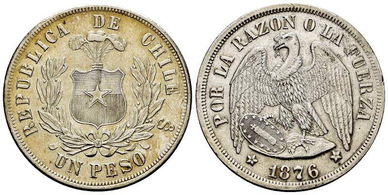 Chile. 1 peso. 1876. Santiago. (Km-142.1). Ag. 25,14 g. Minor nick on edge. XF. ...