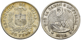 Chile. 1 peso. 1876. Santiago. (Km-142.1). Ag. 25,14 g. Minor nick on edge. XF. Est...60,00. 

Spanish description: Chile. 1 peso. 1876. Santiago. (...