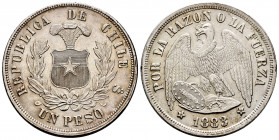 Chile. 1 peso. 1883. Santiago. (Km-142.1). Ag. 24,91 g. XF/Almost XF. Est...60,00. 

Spanish description: Chile. 1 peso. 1883. Santiago. (Km-142.1)....