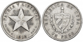 Cuba. 1 peso. 1915. (Km-15.2). Ag. 26,38 g. Minor nicks on edge. VF. Est...40,00. 

Spanish description: Cuba. 1 peso. 1915. (Km-15.2). Ag. 26,38 g....
