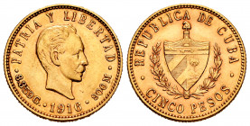 Cuba. 5 pesos. 1916. (Km-19). (Fried-4). Au. 8,33 g. AU. Est...400,00. 

Spanish description: Cuba. 5 pesos. 1916. (Km-19). (Fried-4). Au. 8,33 g. E...