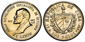 Cuba. Trial 100 Pesos. 1977. (Km-Type 42). Anv.: GRAN REVOLUCIÓN SOCIALISTA DE OCTUBRE. LENIN. 6,38 grs. A few specimens known. According to KM of the...