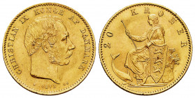 Denmark. Christian IX. 20 kroner. 1873. Copenhague. CS. (Km-791.1). Au. 8,94 g. Minor marks. AU. Est...420,00. 

Spanish description: Dinamarca. Chr...