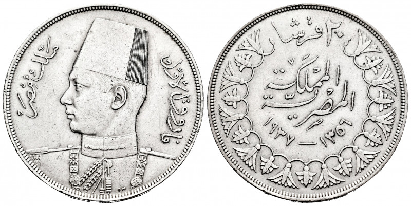Egypt. Farouk I. 20 piastres. 1356 H (1937). (Km-368). Ag. 28,00 g. Choice VF/Al...