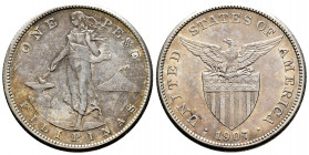 Philippines. 1 peso. 1907. San Francisco. S. (Km-172). Ag. 19,88 g. American administration. Almost XF. Est...40,00. 

Spanish description: Filipina...