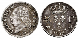 France. Louis XVIII. 1/4 franc. 1822. Rouen. B. (Km-714.2). (Gad-352). Ag. 1,24 g. Scarce. Choice VF. Est...35,00. 

Spanish description: Francia. L...