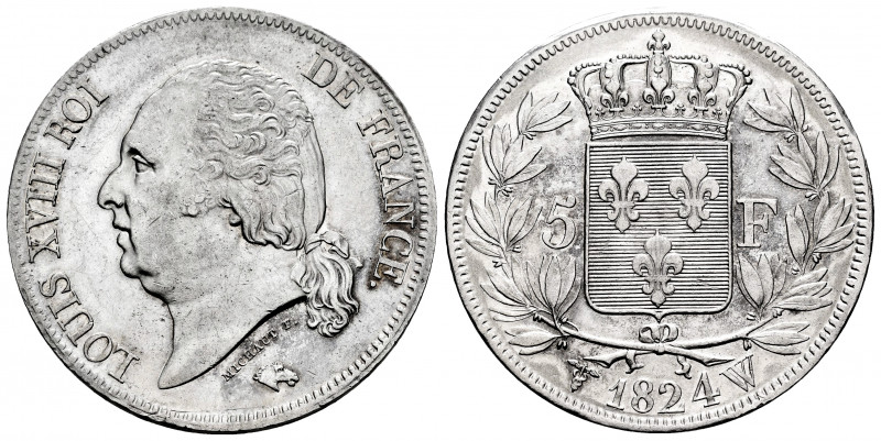France. Louis XVIII. 5 francs. 1824. Lille. W. (Km-711.13). (Gad-614). Ag. 24,88...