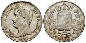 France. Charles X. 5 francs. 1830. Bayonne. L. (Km-728.8). Ag. 24,94 g. Striking error on edge. Almost VF. Est...25,00. 

Spanish description: Franc...