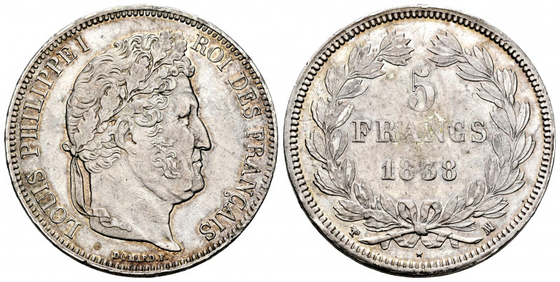 France. Louis Philippe I. 5 francs. 1838. Marseille. MA. (Km-749.10). (Gad-678)....