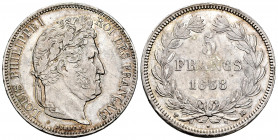 France. Louis Philippe I. 5 francs. 1838. Marseille. MA. (Km-749.10). (Gad-678). Ag. 24,99 g. Minor nicks on edge. Almost XF. Est...60,00. 

Spanish...