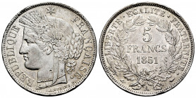 France. II Republic. 5 francs. 1851. Paris. A. (Km-761.1). (Gad-719). Ag. 24,83 g. Minor nicks on edge. Choice VF. Est...45,00. 

Spanish descriptio...