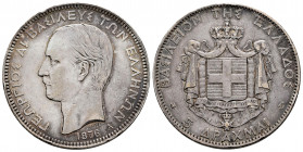 Greece. George I. 5 drachms. 1876. Paris. A. (Km-46). Ag. 24,86 g. Beautiful tone. VF/Choice VF. Est...140,00. 

Spanish description: Grecia. George...