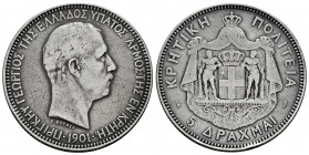 Greece. George I. 5 drachms. 1901. (Km-9). (Dav-118). Ag. 24,87 g. Nicks on edge. Cleaned. Almost VF. Est...35,00. 

Spanish description: Grecia. Ge...