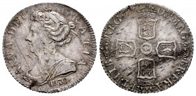 Great Britain. Anna. 6 pence. 1703. Vigo. (Spink-3590). (Km-516.1). Ag. 3,05 g. Silver mint taken to the Spaniards in Vigo Bay. Some original luster r...