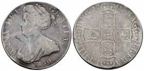 Great Britain. Anna. 1 crown. 1703. Vigo. (S-3576). Ag. 29,40 g. Silver mint taken to the Spaniards in Vigo Bay. Scarce. Almost VF/Choice F. Est...420...