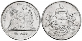 Guatemala. 1 peso. 1872. P. (Km-197.1). Ag. 25,33 g. Minor nicks and minor marks. VF. Est...80,00. 

Spanish description: Guatemala. 1 peso. 1872. P...