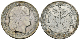 Haiti. 50 centimes. An 79, 1882. (Km-47). Ag. 12,43 g. Minor nicks on edge. Almost VF. Est...25,00. 

Spanish description: Haití. 50 centimes. An 79...