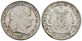 Haiti. 50 centimes. An 92, 1895. (Km-47). Ag. 12,43 g. Choice VF. Est...30,00. 

Spanish description: Haití. 50 centimes. An 92, 1895. (Km-47). Ag. ...