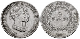 Italy. Lucca. 5 franchi. 1809. (Km-24.3). (Pagani-253). (Mont-437). Ag. 24,62 g. Almost VF. Est...120,00. 

Spanish description: Italia. Ducado de L...