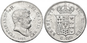 Italy. Kingdom of the two Sicilies. Ferdinando II. Piastra (120 grana). 1853. Sicilia. (Km-153). Ag. 27,48 g. Minor nicks and hairlines. Almost XF. Es...