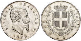 Italy. Vittorio Emanuele II. 5 lire. 1876. Rome. R. (Km-8.4). (Mont-188). (Pagani-501). Ag. 24,99 g. Minor nicks on edge. It retains some luster. AU. ...