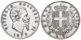 Italy. Vittorio Emanuele II. 5 lire. 1877. Rome. R. (Km-8.4). (Pagani-502). (Mont-189). Ag. 24,89 g. Minor nicks. Cleaned. Choice VF. Est...30,00. 
...