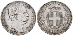 Italy. Umberto I. 5 lire. 1879. Rome. R. (Km-20). (Pagani-590). (Mont-33). Ag. 24,87 g. Minor nick on edge. Choice VF. Est...75,00. 

Spanish descri...
