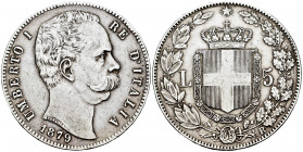 Italy. Umberto I. 5 lire. 1879. Rome. R. (Km-20). (Pagani-590). (Mont-33). Ag. 24,86 g. Almost VF. Est...60,00. 

Spanish description: Italia. Umber...
