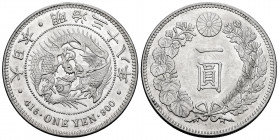 Japan. Mutsuhito. 1 yen. 1905 (año 38). (Km-Y.A25.3). Ag. 26,80 g. XF/AU. Est...100,00. 

Spanish description: Japón. Mutsuhito. 1 yen. 1905 (año 38...