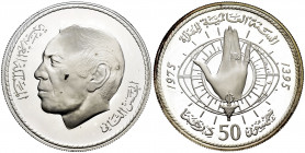 Morocoo. Hassan II. 50 dirhams. 1975. (Km-Y67). Ag. With box of issue. PR. Est...75,00. 

Spanish description: Marruecos. Hassan II. 50 dirhams. 197...