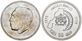Morocoo. Al Hassan II. 50 dirhams. 1399 H (1979). (Km-68). Ag. 35,33 g. Almost MS. Est...40,00. 

Spanish description: Marruecos. Al Hassan II. 50 d...