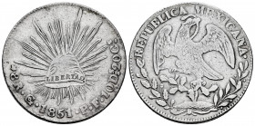 Mexico. 8 reales. 1851. Guanajuato. PF. (Km-377.8). Ag. 26,83 g. Almost VF. Est...40,00. 

Spanish description: México. 8 reales. 1851. Guanajuato. ...