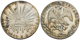 Mexico. 8 reales. 1884. Guanajuato. BR. (Km-377.8). Ag. 27,12 g. It retains some luster. Beautiful tone. AU. Est...60,00. 

Spanish description: Méx...