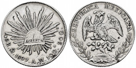 Mexico. 8 reales. 1897. México. AM. (Km-377.3). Ag. 26,89 g. Cleaned. VF. Est...50,00. 

Spanish description: México. 8 reales. 1897. México. AM. (K...